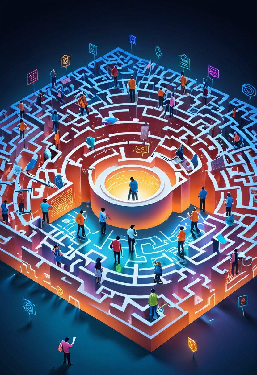 An intricate maze made of insurance documents and policies, with a diverse group of people thoughtfully navigating through it, each holding a magnifying glass to symbolize research. Bright light beams illuminating key paths through the maze, representing affordable solutions. A background featuring a variety of insurance icons like health, auto, and home. Vibrant colors. 3D.