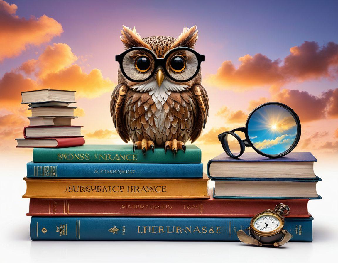A wise owl perched on a stack of insurance policy books, wearing reading glasses and holding a magnifying glass, surrounded by floating icons representing different types of insurance like health, auto, and home. A warm light illuminates the scene, emphasizing a sense of knowledge and guidance. The background features a dreamy sky transitioning from day to night, symbolizing an ongoing journey towards understanding insurance. super-realistic. vibrant colors. white background.